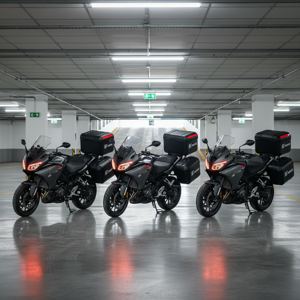 A row of three professional-grade moto courier bikes lined up in a spotless underground parking area, each equipped with aerodynamic, hard-shell cargo boxes in matching black with red reflective safety strips and the “BT KURYE” branding. The polished concrete floor reflects the bikes subtly, while directional LED ceiling lights cast bright, even illumination with crisp, defined shadows beneath each vehicle. The background shows clearly marked exit signs and a ramp leading upward, suggesting instant dispatch. Photographic realism, wide-angle lens, centered yet balanced composition, creating an atmosphere of readiness, organization, and high-capacity rapid delivery operations.