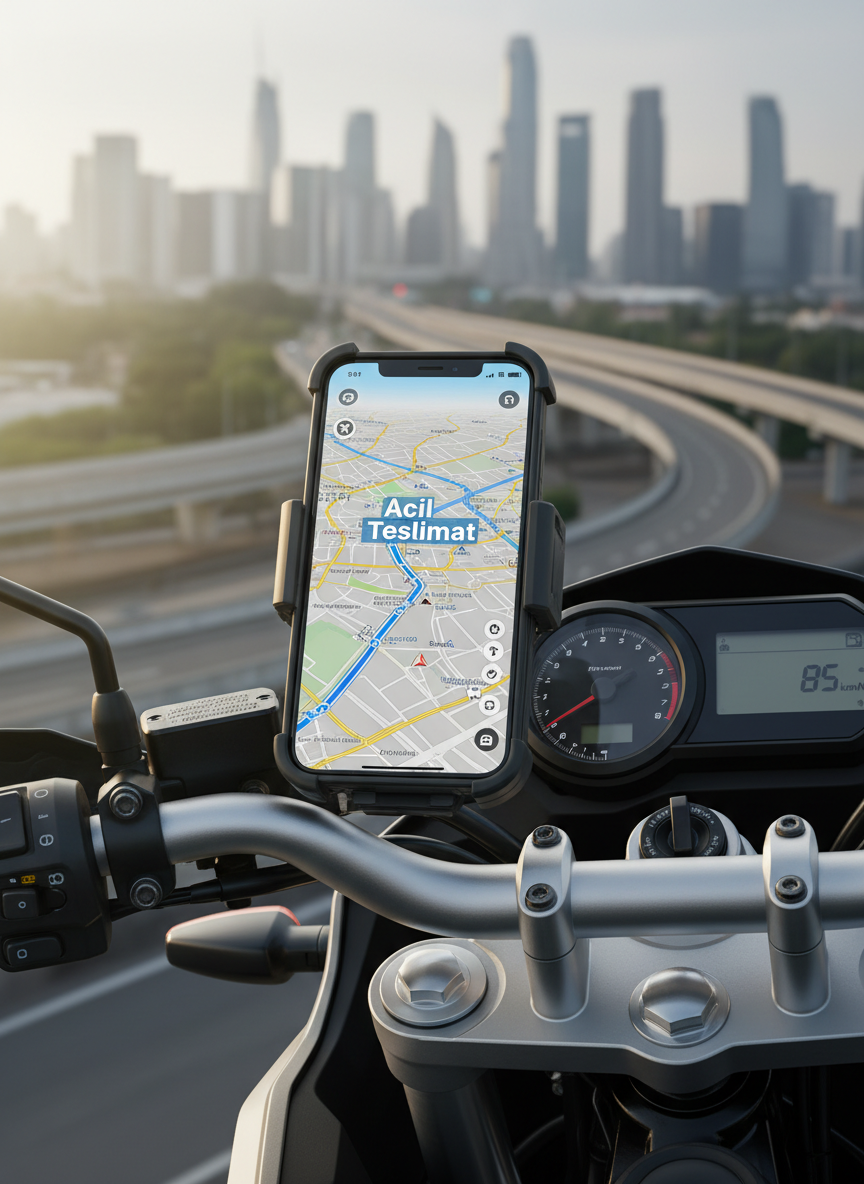 A close-up of a weather-resistant smartphone mounted securely on a motorcycle handlebar, displaying a detailed navigation map with a highlighted express route labeled “Acil Teslimat”. The handlebars, throttle, and digital speedometer are sharply in focus, showing brushed metal textures and matte-black finishes. In the background, a city skyline and highway overpass appear softly blurred. Early morning natural light from the left creates subtle highlights on the metal surfaces and gentle shadows on the grips. Photographic realism, slightly elevated angle, clean and modern composition conveying precision, efficiency, and advanced logistics technology for moto courier services.